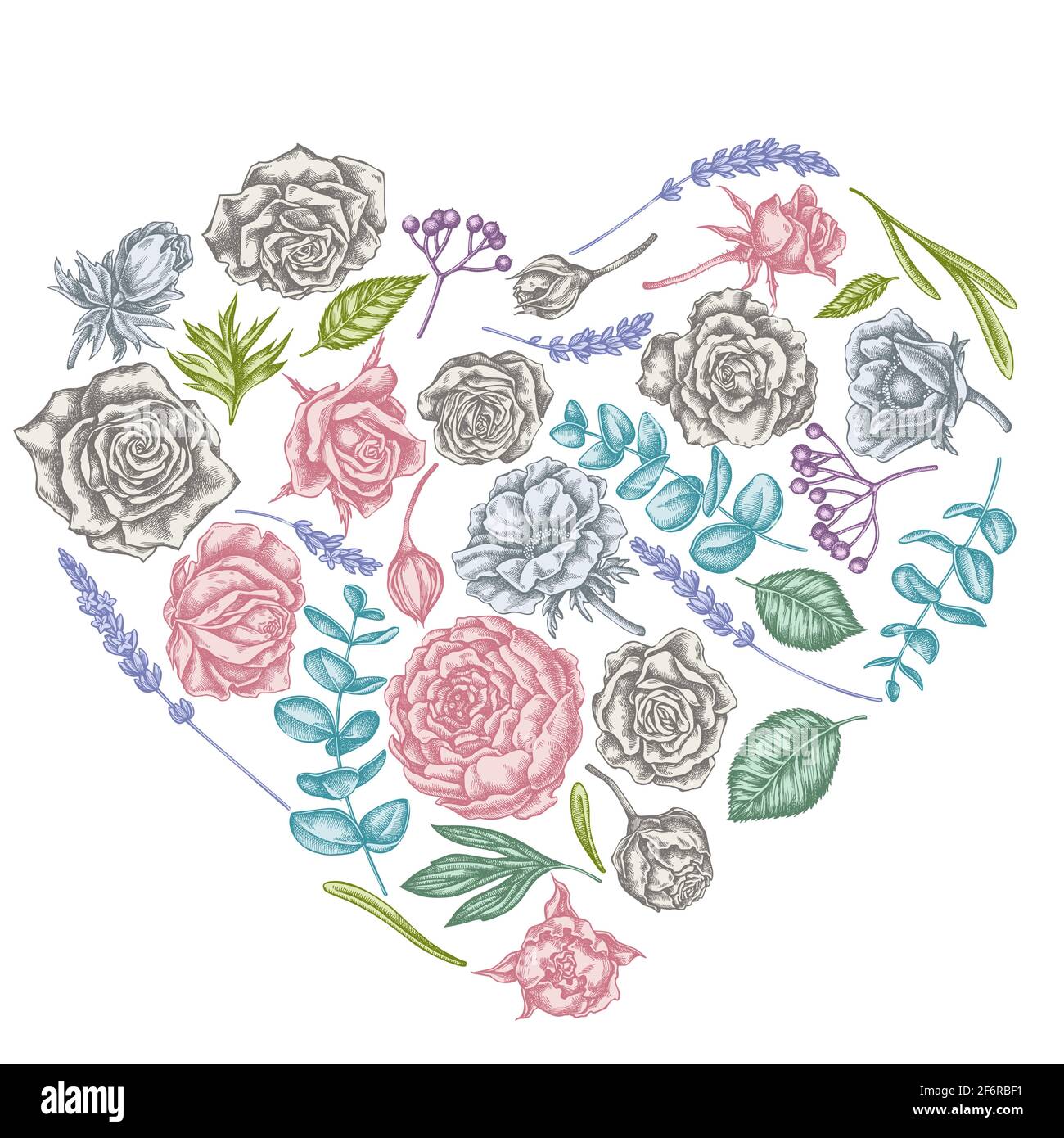 Motif coeur fleuri avec roses pastel, anémone, eucalyptus, lavande, pivoine, viburnum Illustration de Vecteur