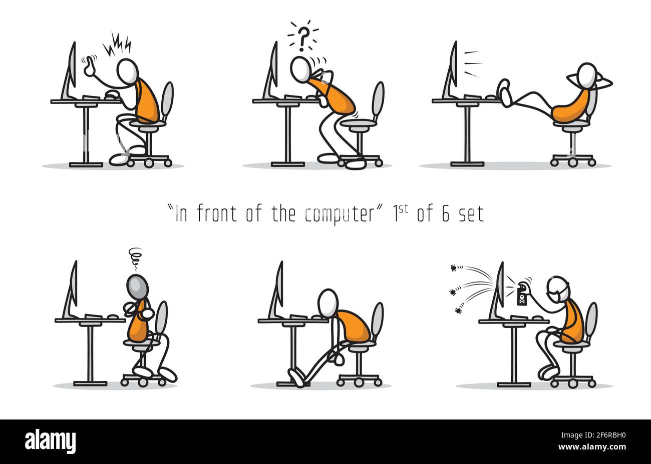 Scénario ensemble de l'humour caricature homme devant un ordinateur dans différentes attitudes et poses. Imprimer l'illustration. Illustration de Vecteur