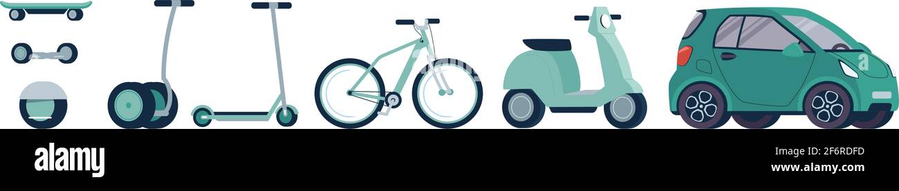 .ensemble vectoriel de véhicules électriques de remplacement respectueux de l'environnement. Scooter électrique moderne, gyroscope, skateboard, vélo, cyclomoteur, voiture. Transport de couleur verte sur fond blanc. Illustration de Vecteur