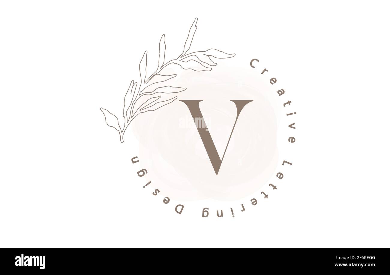 Logo lettre V avec motif aquarelle et lettres circulaires et feuilles de contour dans des couleurs pastel. Illustration vectorielle créative avec la lettre V pour être Illustration de Vecteur
