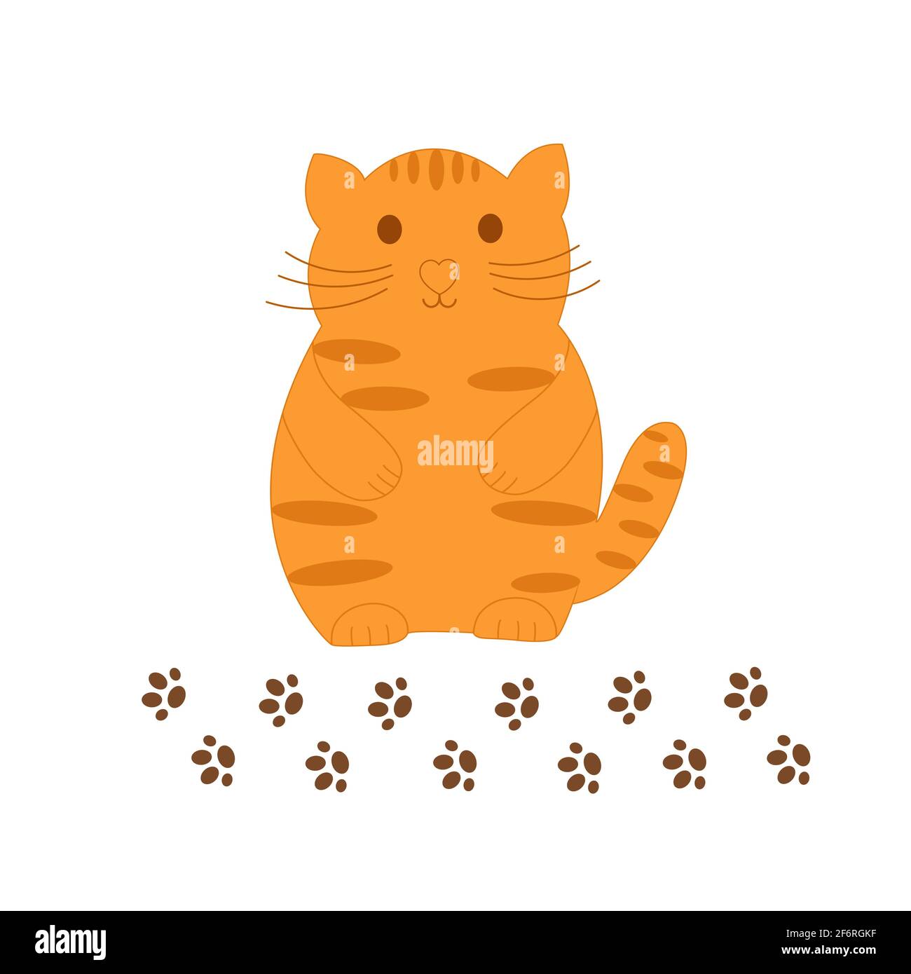 Petit joli chat à rayures rouges amusant avec empreinte de ses pattes, simple illustration vectorielle de style plat, domestique animal confortable intérieur concept Illustration de Vecteur