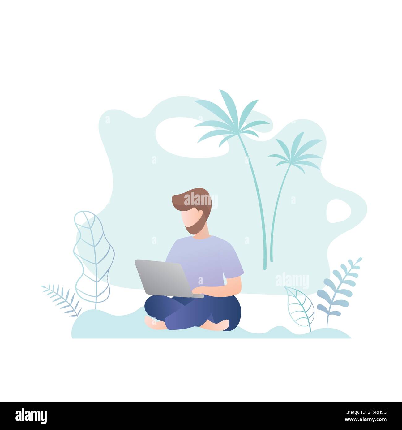 Personnage hippster masculin assis sur la plage, indépendant gars avec ordinateur portable, design style tendance, espace de travail extérieur, illustration vectorielle Illustration de Vecteur