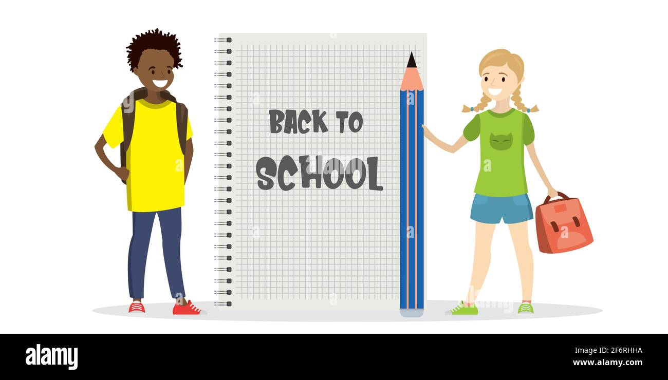 Bonne école afro-américaine, jeune fille caise avec grand crayon et sac d'école, page de bloc-notes avec texte-retour à l'école, vecteur plat illustrat Illustration de Vecteur