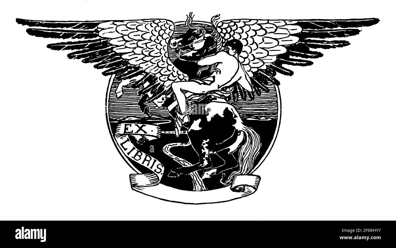 Bibliothèque à motif cheval volant Pegasus avec plaque d'identification vierge par M L Kirby de 1903 Studio Magazine of Fine and Art appliqué Banque D'Images