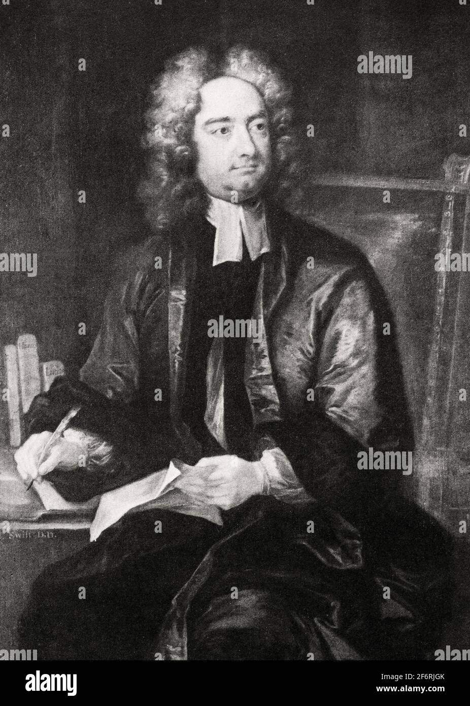Un portrait de Jonathan Swift (1667-1745), satiriste, essayiste, pamphlétaire politique anglo-irlandais (d'abord pour les Whigs, puis pour les Tories), poète et religieux anglican qui devint doyen de la cathédrale Saint-Patrick à Dublin, d'où son sobriquet commun, 'dian Swift'. Surtout rappelé les voyages de Gulliver (1726), il est considéré comme le plus prose satirist de la langue anglaise. Il a écrit d'autres œuvres et est moins bien connu pour sa poésie. Banque D'Images