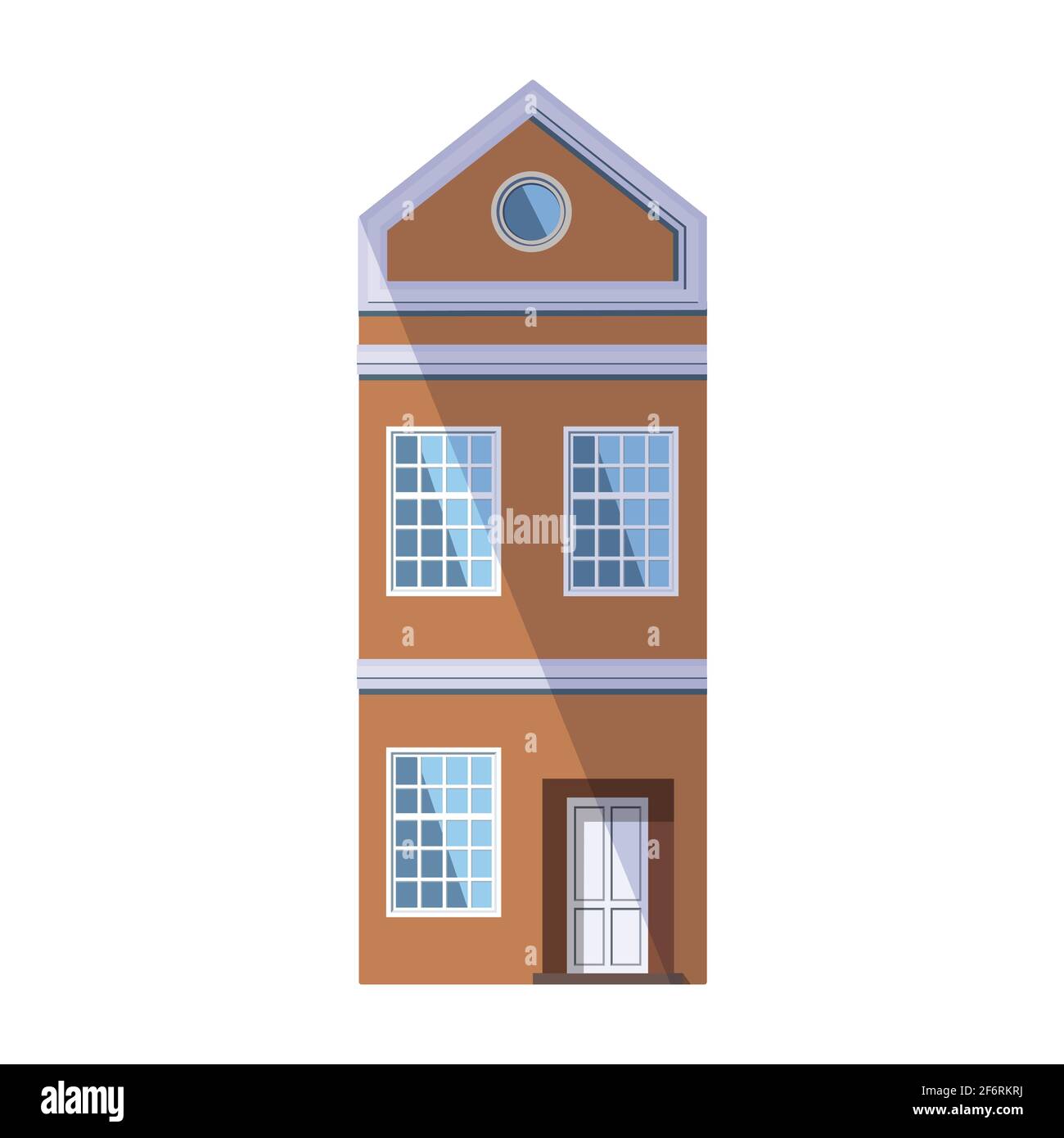 Ancienne maison orange européenne de style traditionnel hollandais avec toit en toit ouvrant, fenêtre ronde mansardée et grandes fenêtres de style loft. Illustration vectorielle Illustration de Vecteur