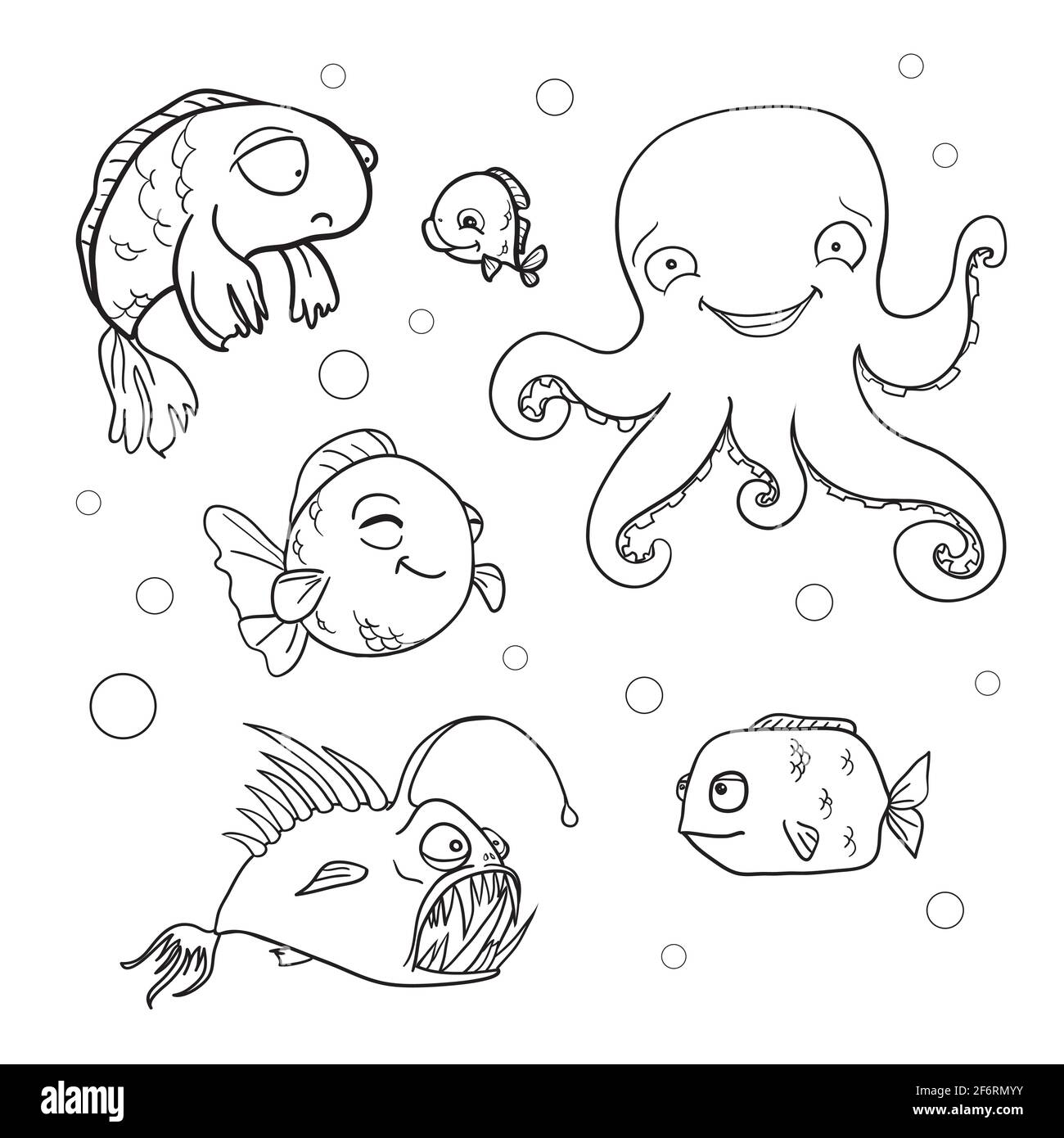 Fond marin. Page de livre de coloriage en stille de doodle. Habitants marins, dessin à la main. Illustration de Vecteur