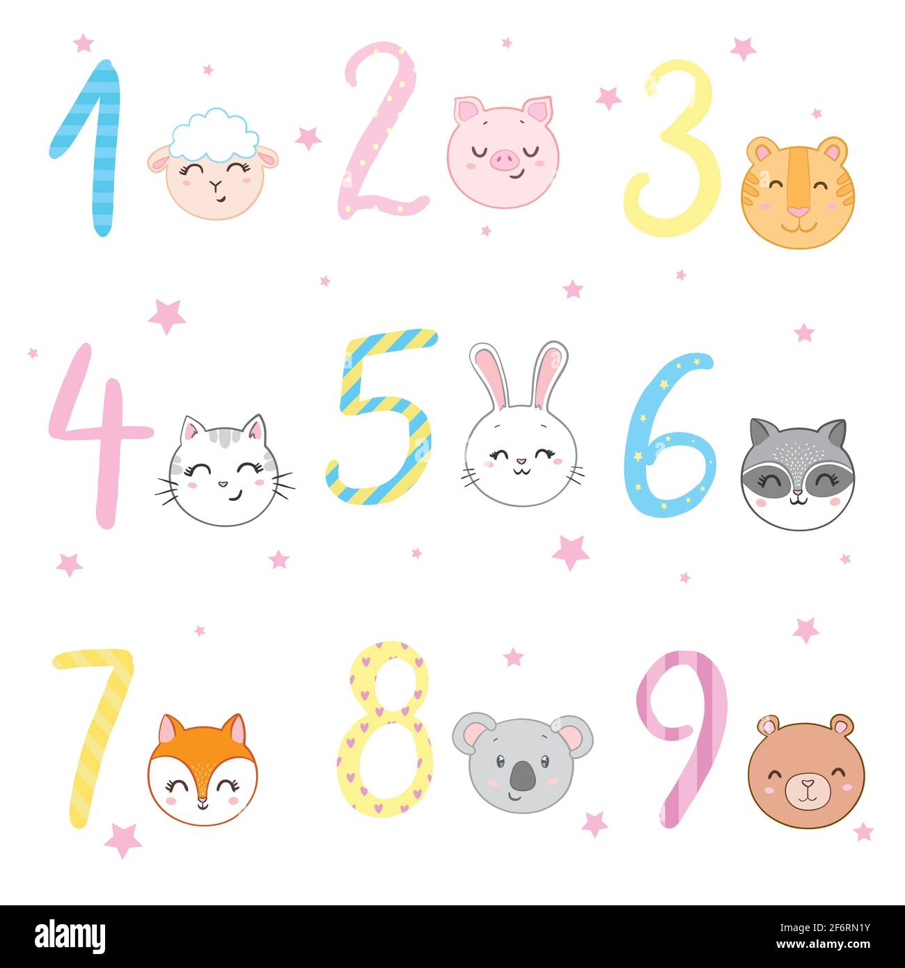 Ensemble d'autocollants Funky Animals debout à côté de chiffres. Illustrations vectorielles plates colorées stylisées pour enfants sur fond blanc, Illustration de Vecteur