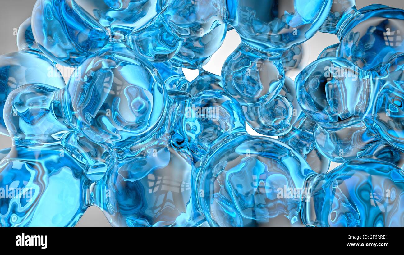 Fond liquide de sphères bleues transparentes et réfléchissantes qui se fusionnent avec Les uns les autres comme des bulles ou verre.3D Illustration Banque D'Images