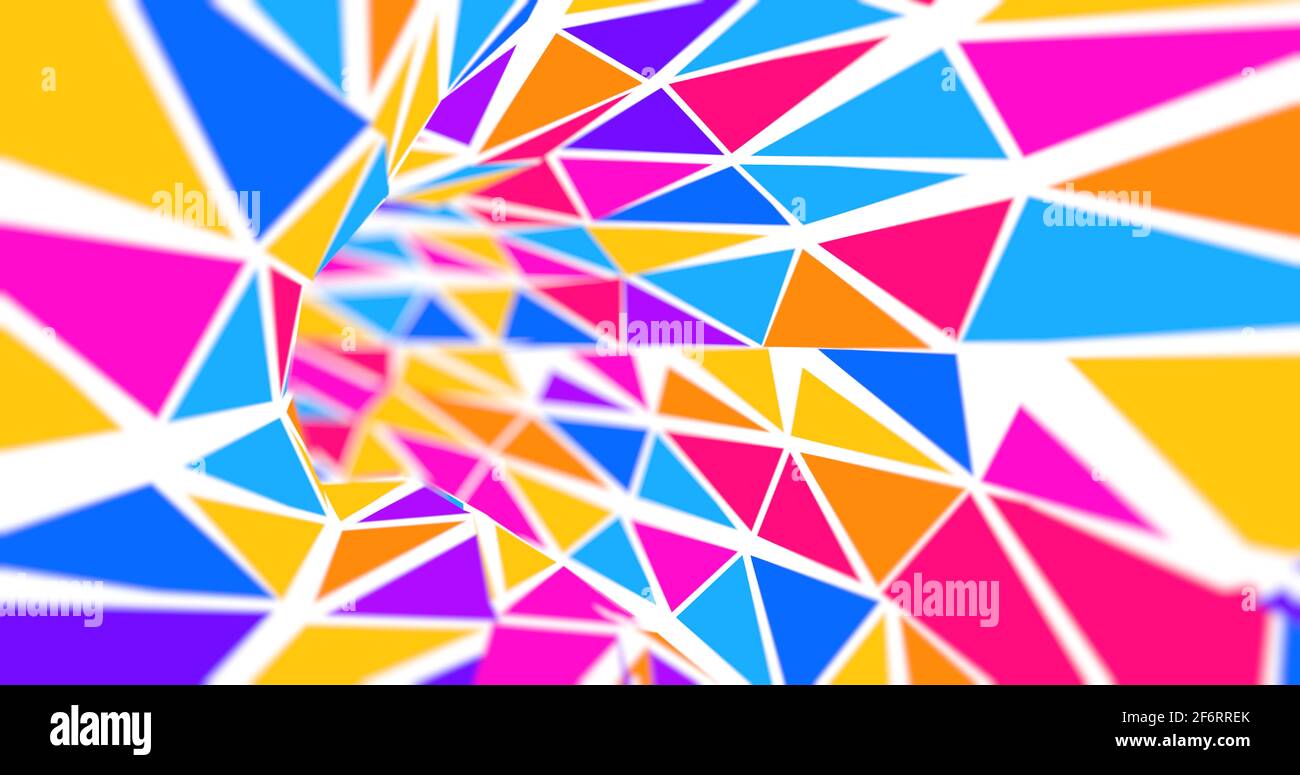 Fond du tunnel formé de triangles bleus, rouges et jaunes sur fond blanc volant vers la caméra. Illustration 3D Banque D'Images