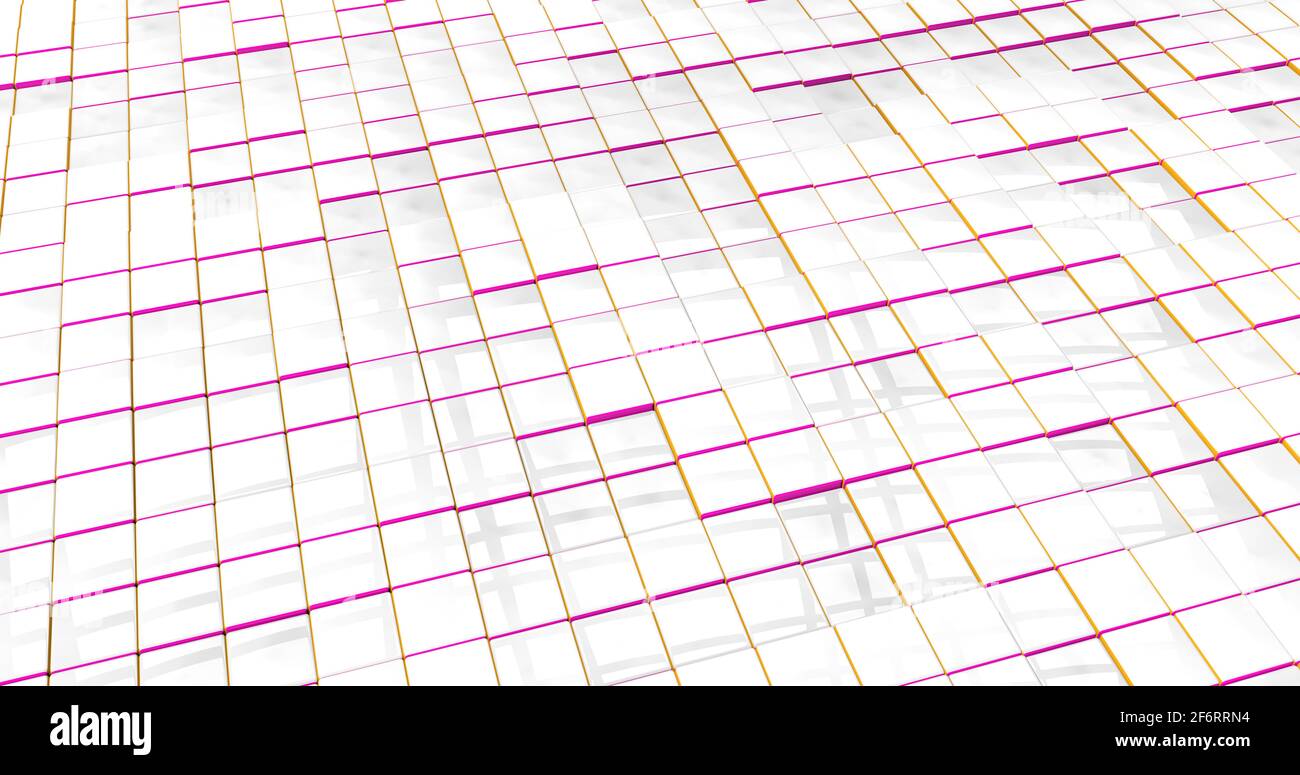 Un plancher texturé blanc à carreaux réfléchissants un peu désordonné avec des bords rouges et jaunes. Illustration 3D Banque D'Images