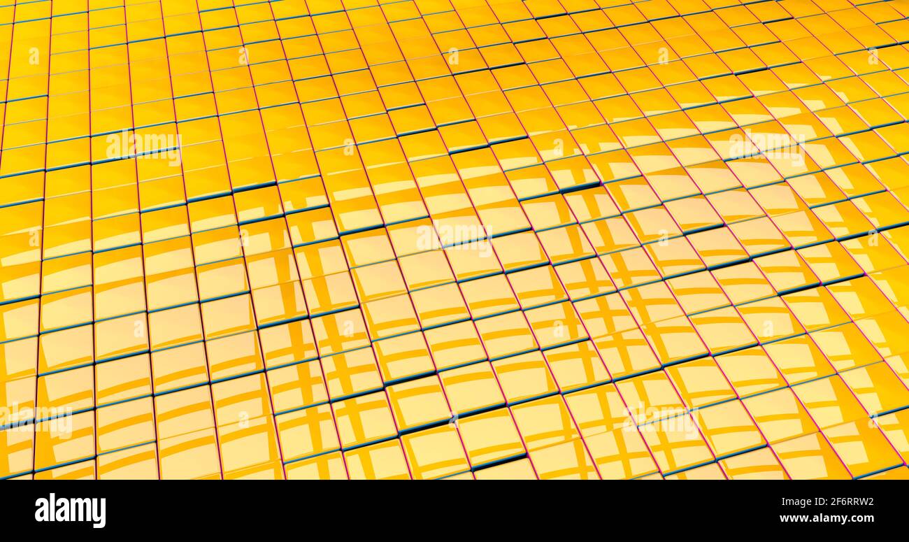 Un sol texturé à carreaux jaunes réfléchissants un peu désordonné avec des bords rouges et bleus. Illustration 3D Banque D'Images