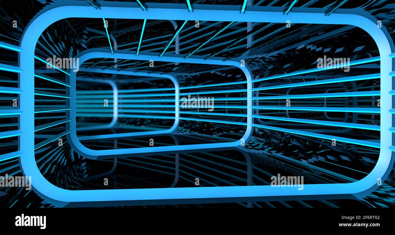 Arrière-plan d'un tunnel rectangulaire réfléchissant avec structure et lumières bleues à l'intérieur d'un vaisseau spatial. Illustration 3D Banque D'Images