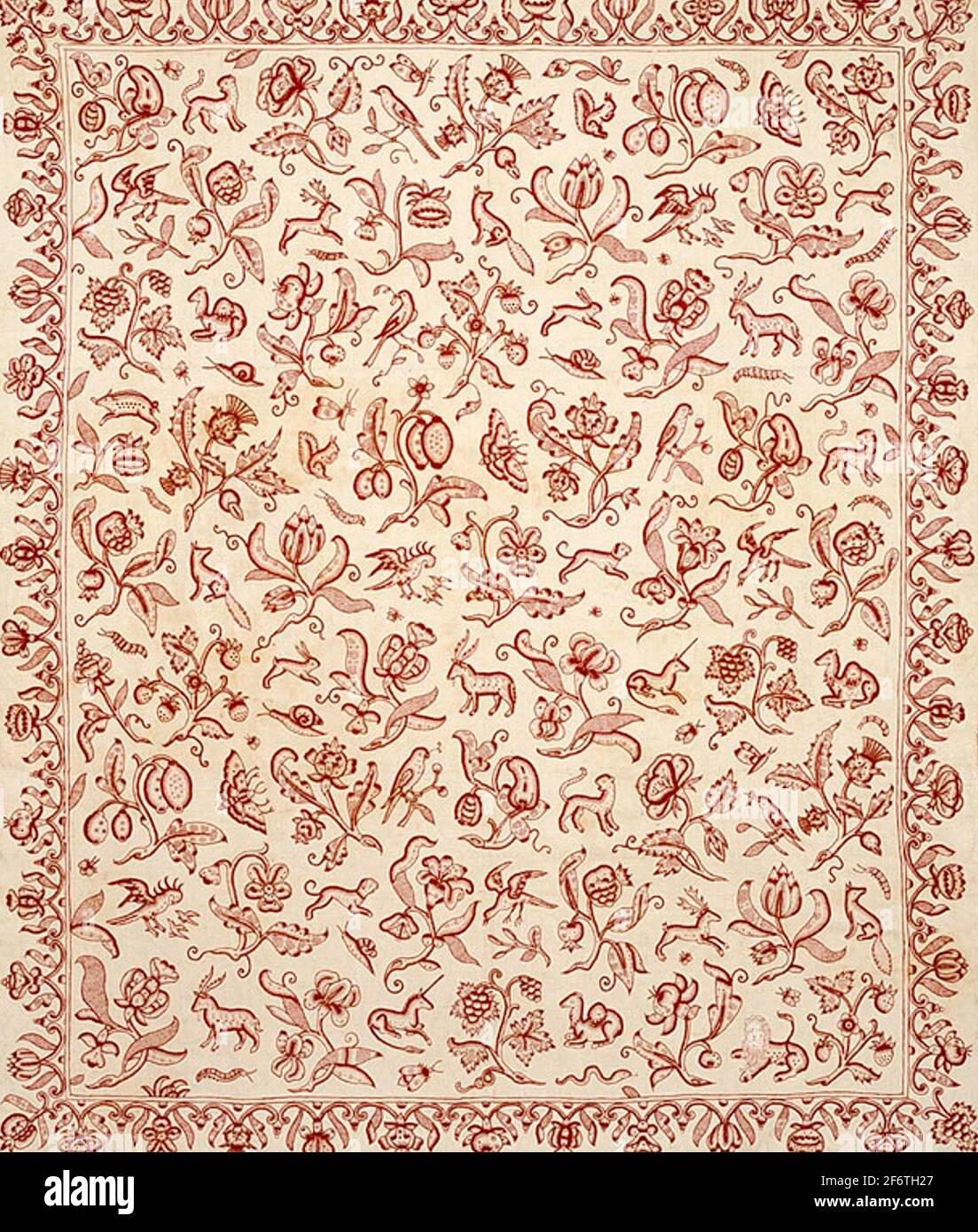 Couvre-lit - c. 1620 - Angleterre. Lin et coton, tissage sergé 2:1 face à  la trame; brodé avec des fils de laine dans l'oeil algérien, dos, croisé  Photo Stock - Alamy