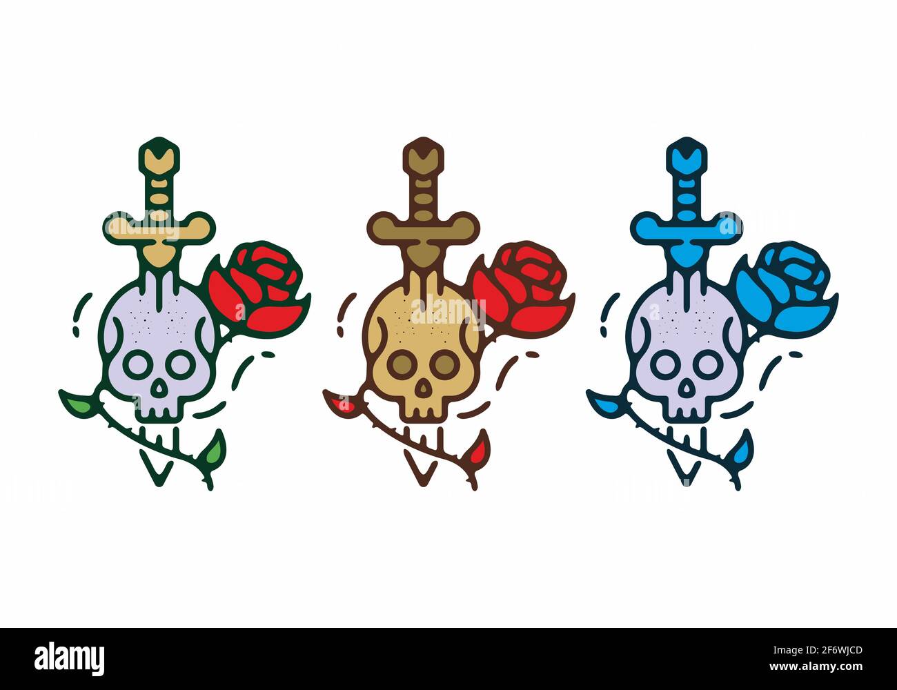 Épée en forme de crâne et motif tatouage coloré rose Illustration de Vecteur