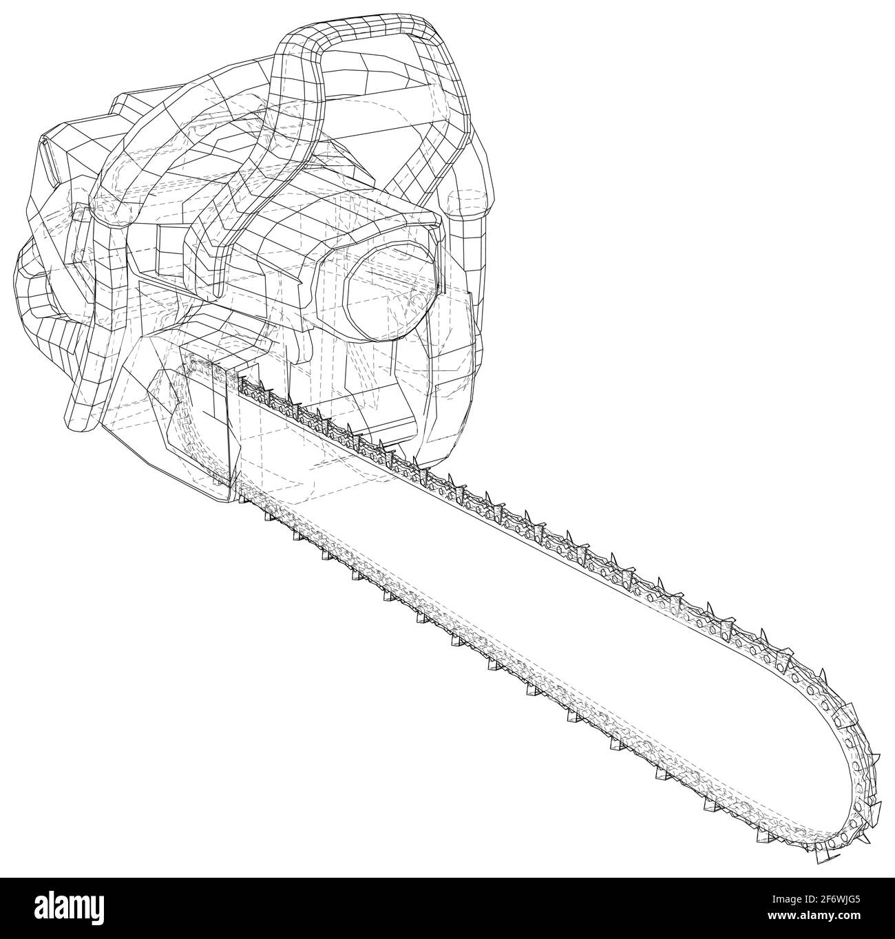 Tronçonneuse à essence. Instrument professionnel, outil de travail. Illustration technique châssis de fil. Rendu vectoriel 3D Illustration de Vecteur