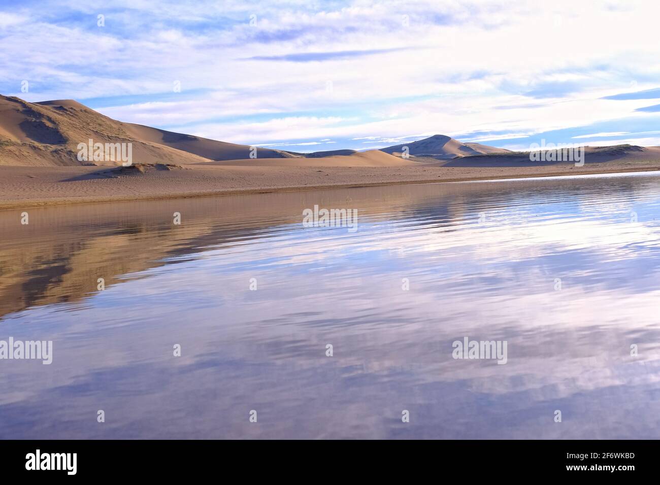 Un grand lac au bord d'un désert de sable. Mongolie désert de dunes de sable Mongol Els près du lac Durgen Nuur. Province de Khovd, Mongolie occidentale. Banque D'Images