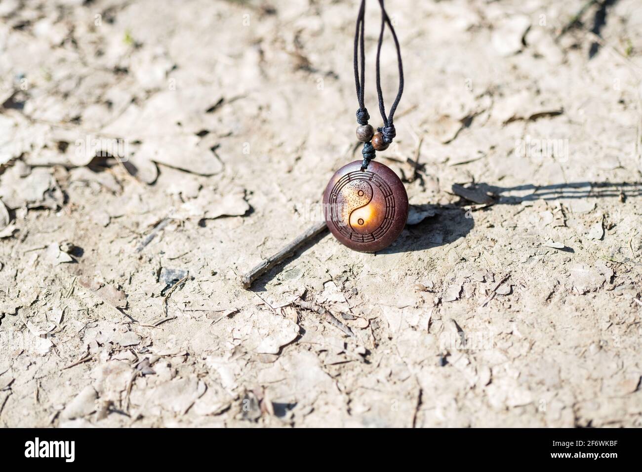 Yin Yang pendentif collier brun couleur tirer à la main dehors dans une journée ensoleillée de gros plan. Mise au point sélective Banque D'Images