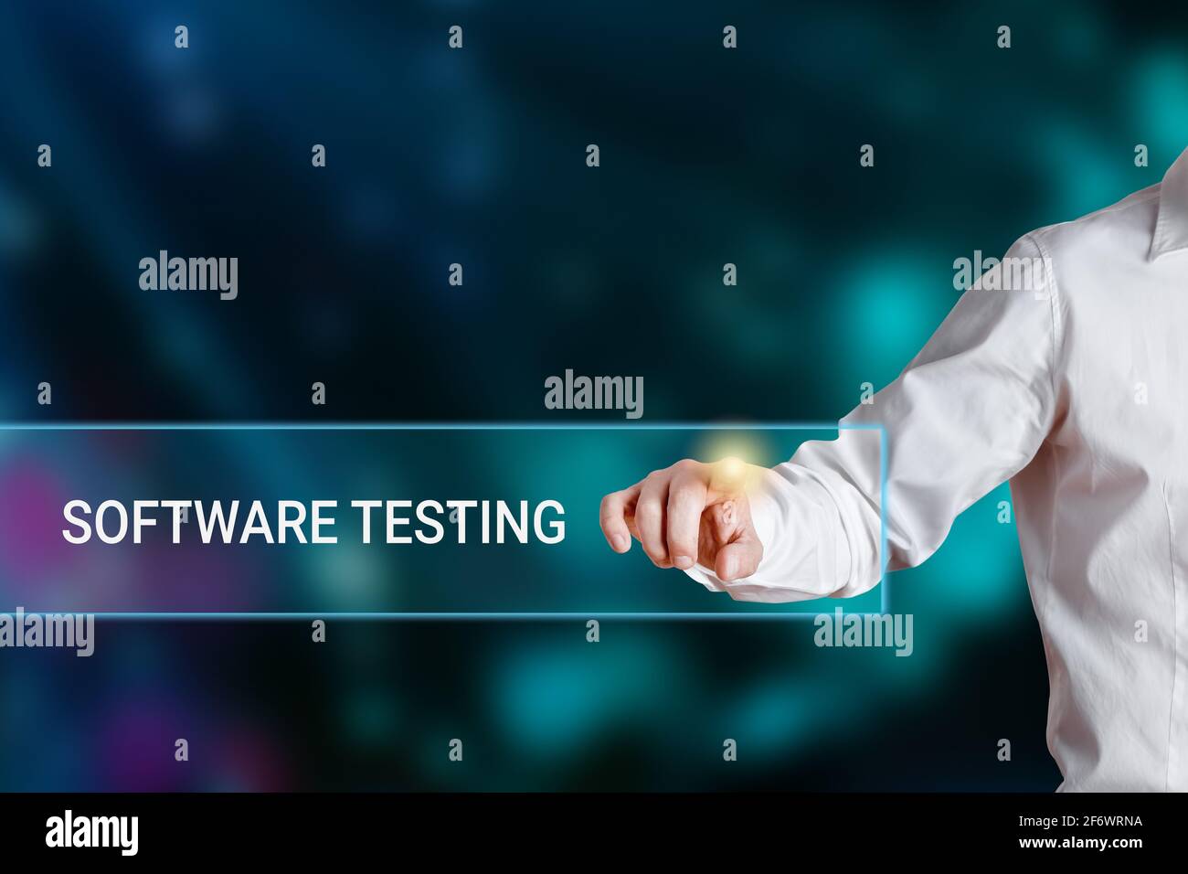 Main masculine appuyant sur le mot test de logiciel sur une barre d'affichage de recherche virtuelle. Business, Internet, concept de technologie. Banque D'Images