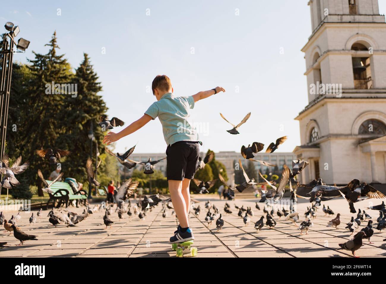 Un garçon de la planche de penny dans le parc sur un l'été est chaud avec des pigeons et du ciel Banque D'Images