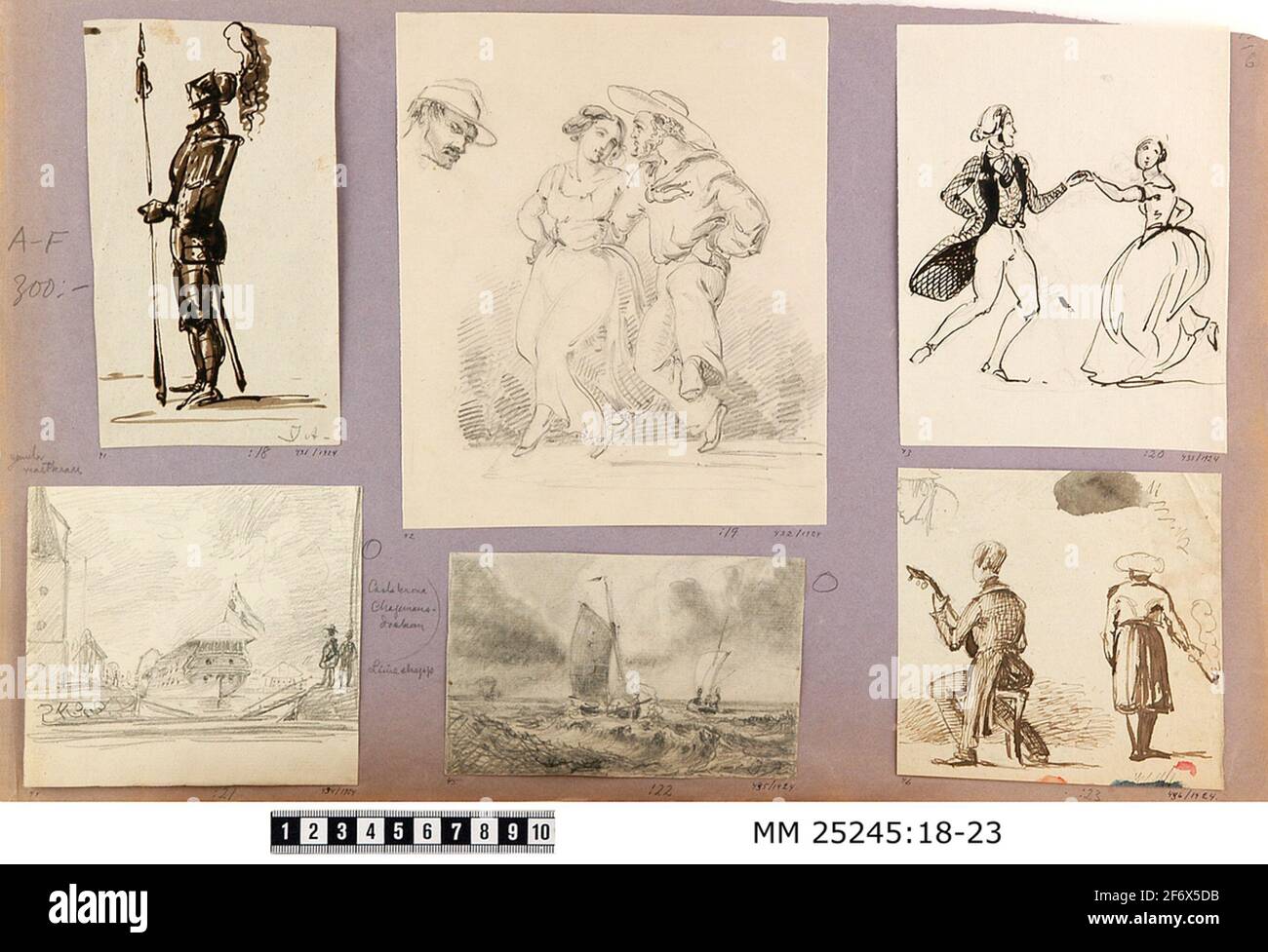 Gouache.Gouachet dessin en noir représentant un soldat.le soldat est mis en profil avec une armure et un chapeau et à la main tenu un sprint.signé J.A en crayon dans le coin inférieur droit.monté sur papier violet clair / gris avec MM 25245: 19-23.frère Jacob Adelborg F. 1816 d. 1865, Karlskrona.Commander et artiste.Père de l'artiste Ottilia Adelborg. Banque D'Images