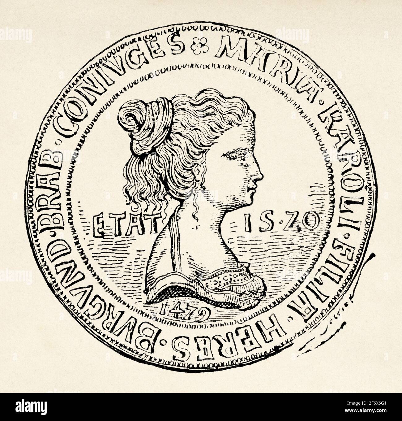 Médaille du mariage de Maximilian d'Autriche et de Marie de Bourgogne, Europe. Ancienne illustration gravée du XIXe siècle des histoires de l'ancien temps 1889 Banque D'Images