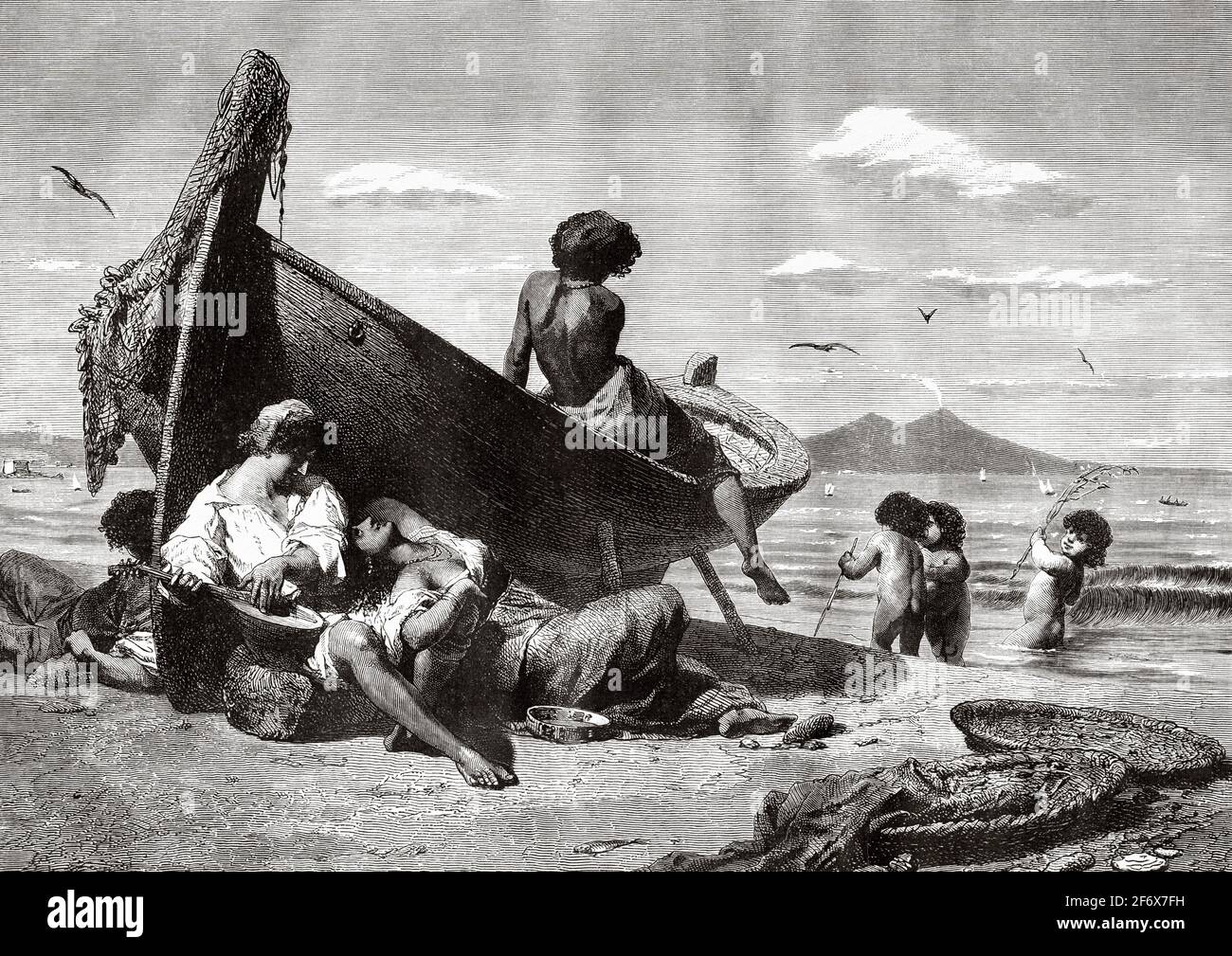Dolce Far Niente. La philosophie italienne dédiée au plaisir de ne rien faire. Italie, Europe. Ancienne illustration gravée du XIXe siècle d'El Mundo Ilustrado 1879 Banque D'Images