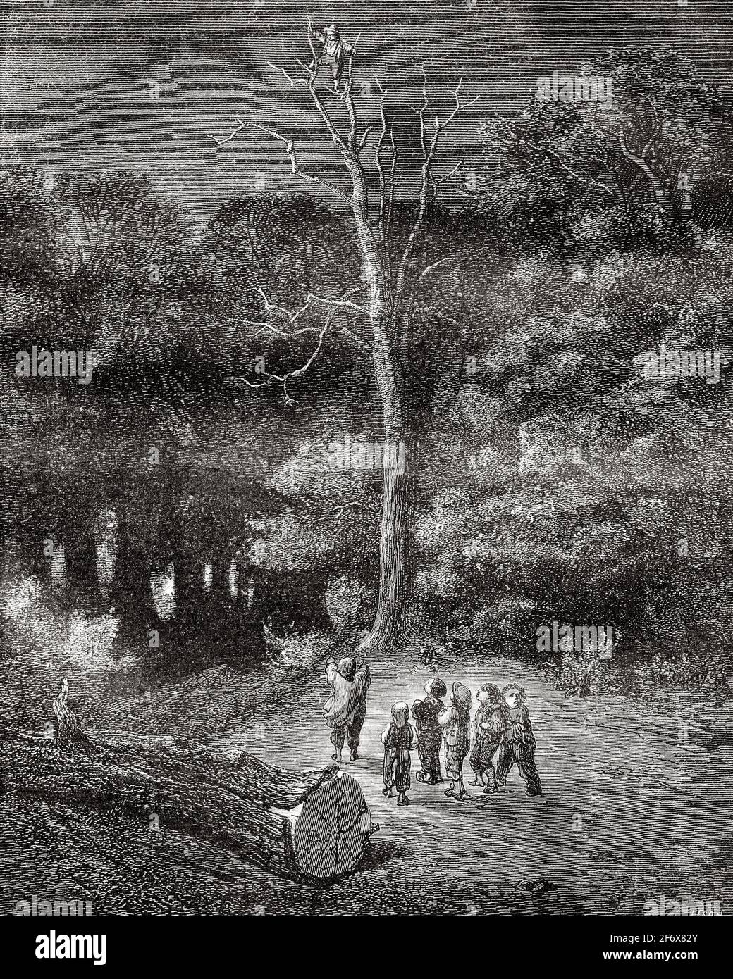 Les enfants ont abandonné dans les bois la nuit. Le Tom Thumb Fairy Tale de Charles Perrault, illustré par Gustave Dore. Ancienne illustration gravée du XIXe siècle d'El Mundo Ilustrado 1879 Banque D'Images