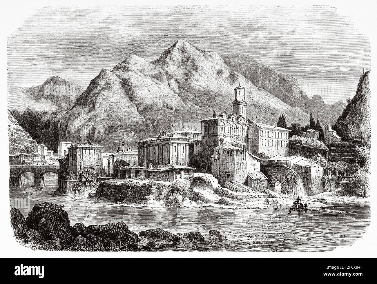 Vue panoramique sur la ville de Valstagne et la rivière Brenta. Vénétie, Italie. Europe. Ancienne illustration gravée du XIXe siècle d'El Mundo Ilustrado 1879 Banque D'Images