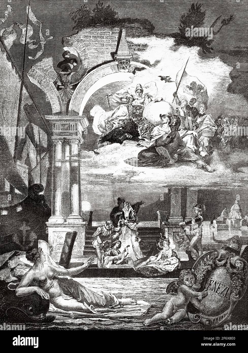 Illustration allégorique de Venise, Italie. Europe. Ancienne illustration gravée du XIXe siècle d'El Mundo Ilustrado 1879 Banque D'Images
