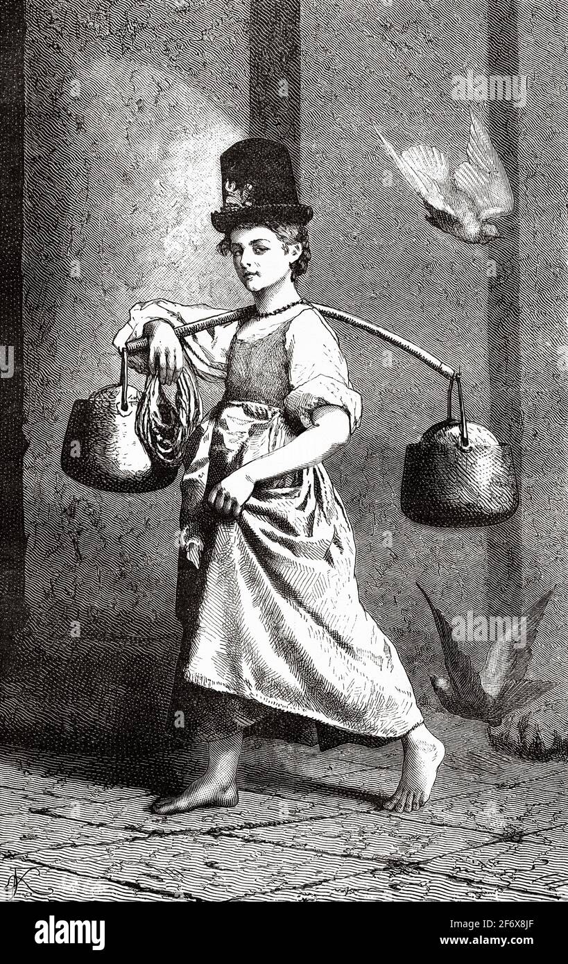 Femme habillée en costume typique vendant de l'eau à Venise, Italie. Europe. Ancienne illustration gravée du XIXe siècle d'El Mundo Ilustrado 1879 Banque D'Images
