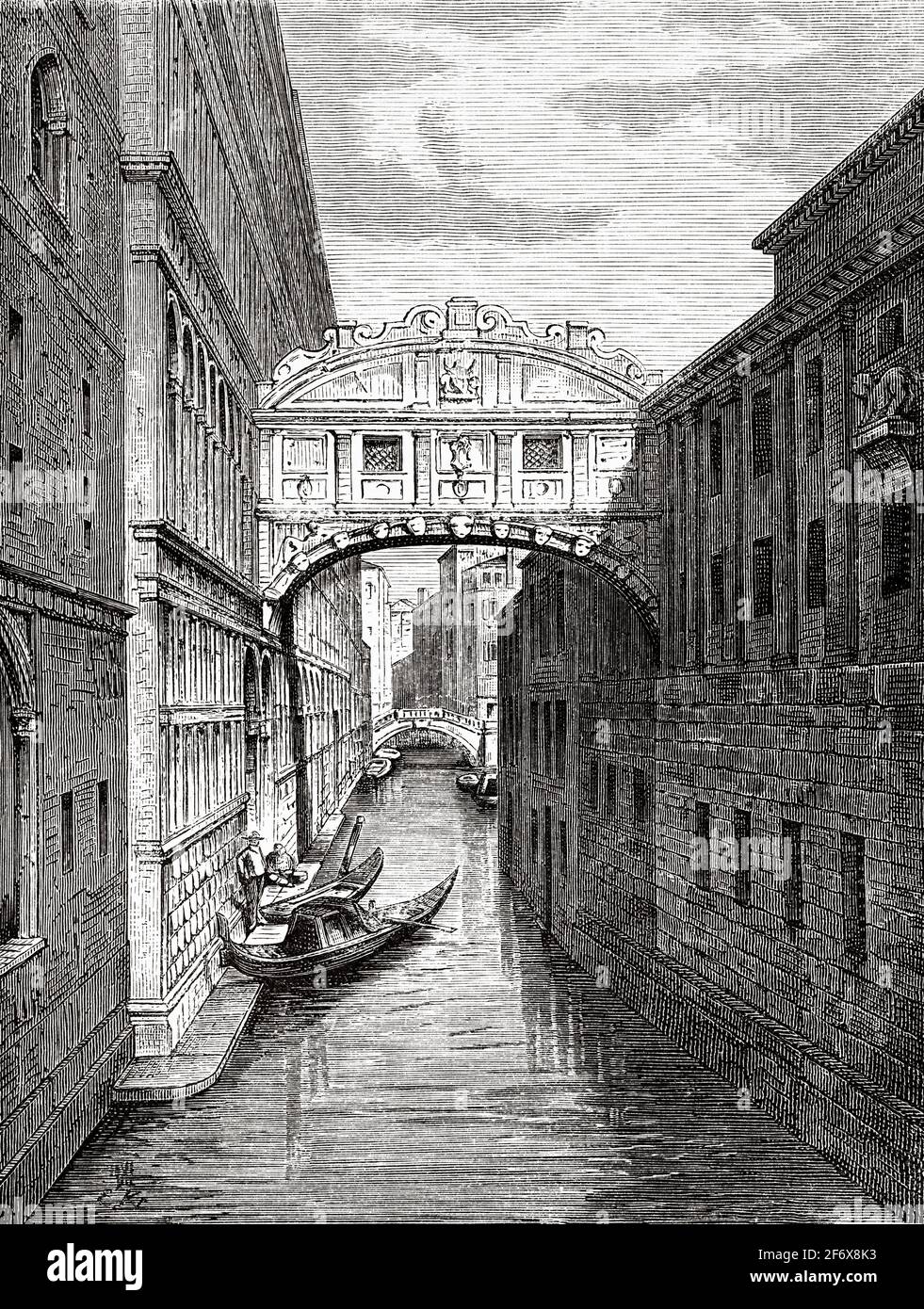 Pont des Soupirs, Venise, Italie. Europe. Ancienne illustration gravée du XIXe siècle d'El Mundo Ilustrado 1879 Banque D'Images