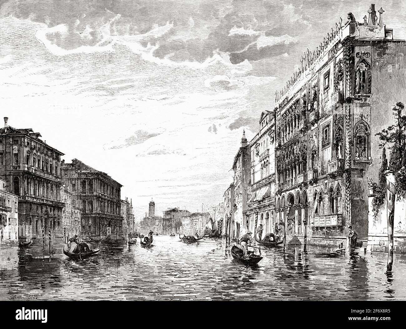 Le Grand Canal et les Palais de Venise, Italie. Europe. Ancienne illustration gravée du XIXe siècle d'El Mundo Ilustrado 1879 Banque D'Images