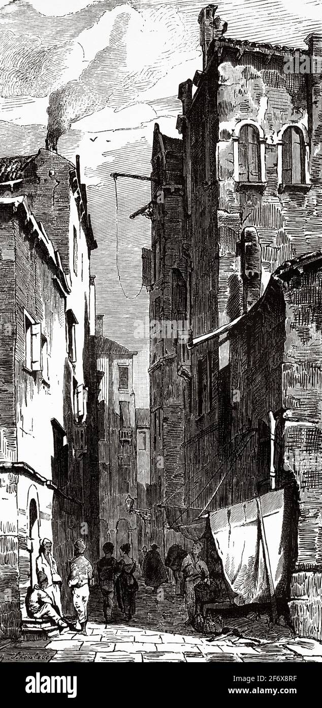 La vie quotidienne dans une rue de la ville de Venise, Italie. Europe. Ancienne illustration gravée du XIXe siècle d'El Mundo Ilustrado 1879 Banque D'Images