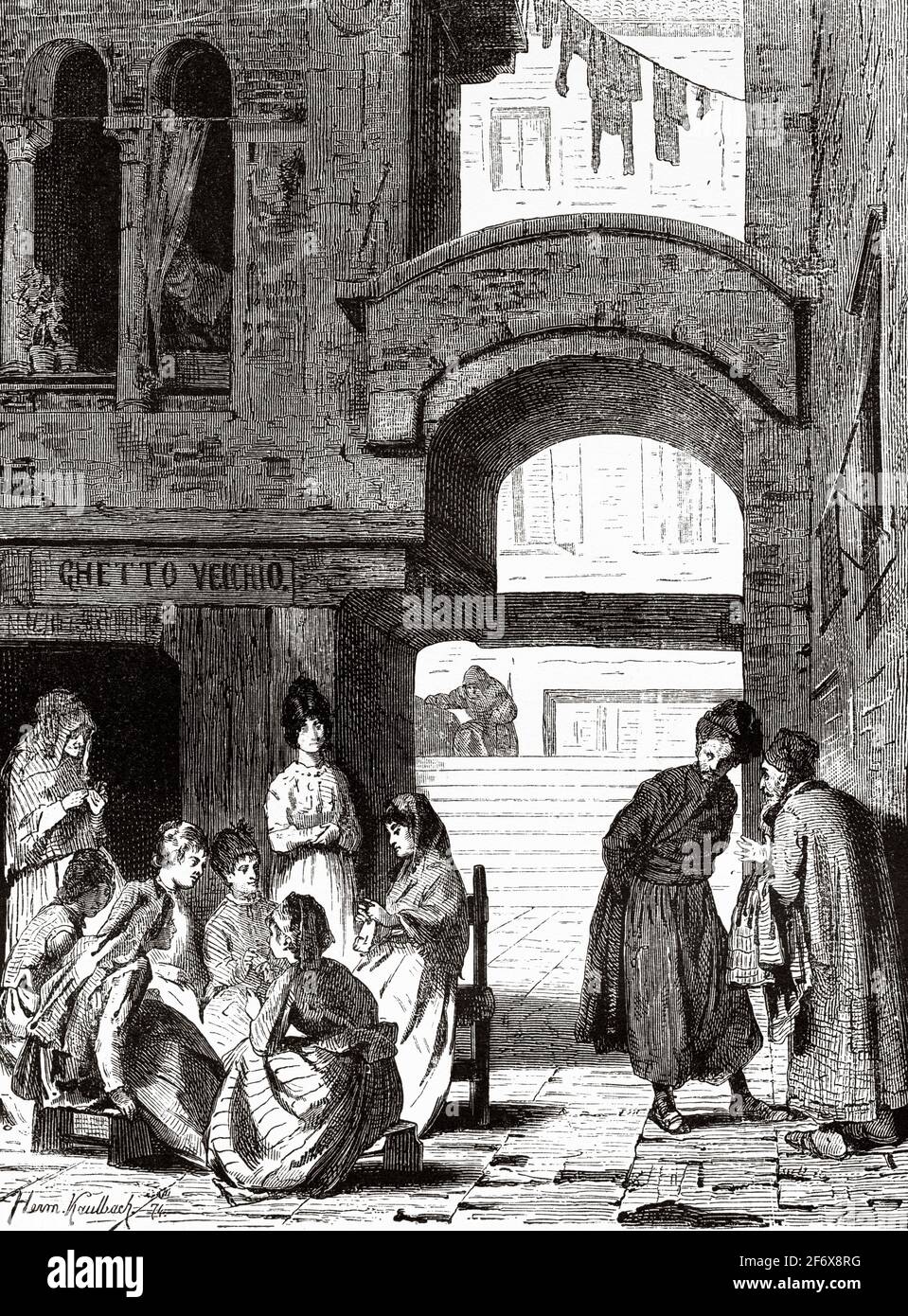 Campiello delle Scuole, ghetto Vecchio. Venise, Italie. Europe. Ancienne illustration gravée du XIXe siècle d'El Mundo Ilustrado 1879 Banque D'Images