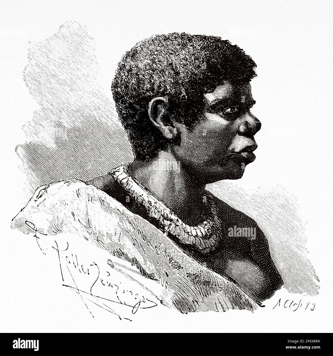 Femme aborigène australienne. Lalla Rookh la dernière aborigine de Tasmanie, décédée en 1876. Australie. Ancienne illustration gravée du XIXe siècle d'El Mundo Ilustrado 1879 Banque D'Images