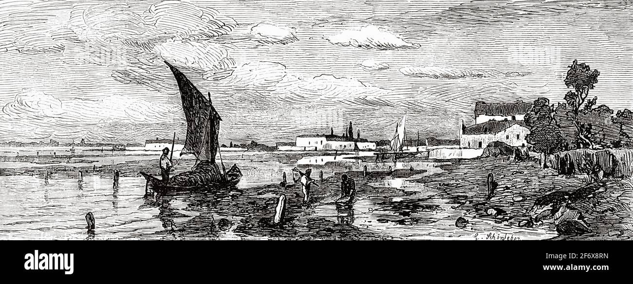 Pêcheurs sur le Venetian, Venise, Italie. Europe. Ancienne illustration gravée du XIXe siècle d'El Mundo Ilustrado 1879 Banque D'Images