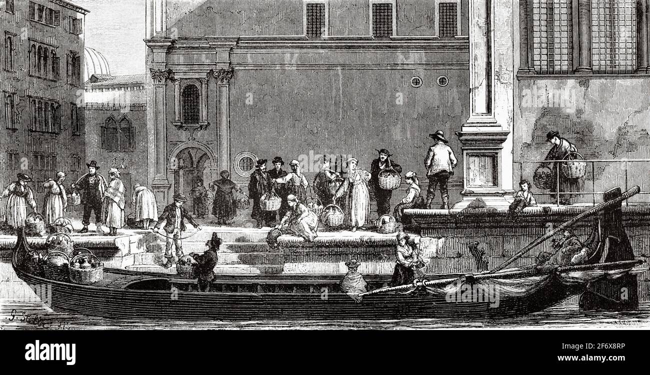 Bateau pour transporter du lait à travers les canaux de Venise, Italie. Europe. Ancienne illustration gravée du XIXe siècle d'El Mundo Ilustrado 1879 Banque D'Images