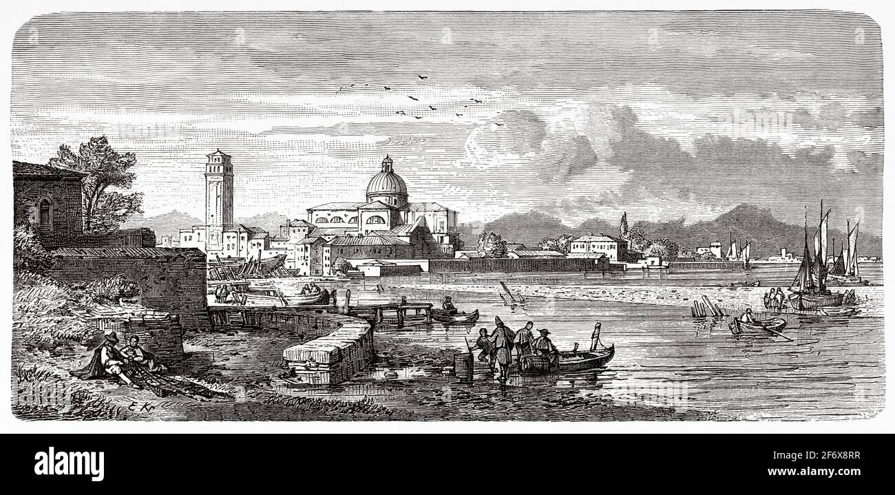 San Pietro di Castello. Canal et église de San Pietro, quartier Castello, Venise, Italie. Europe. Ancienne illustration gravée du XIXe siècle d'El Mundo Ilustrado 1879 Banque D'Images