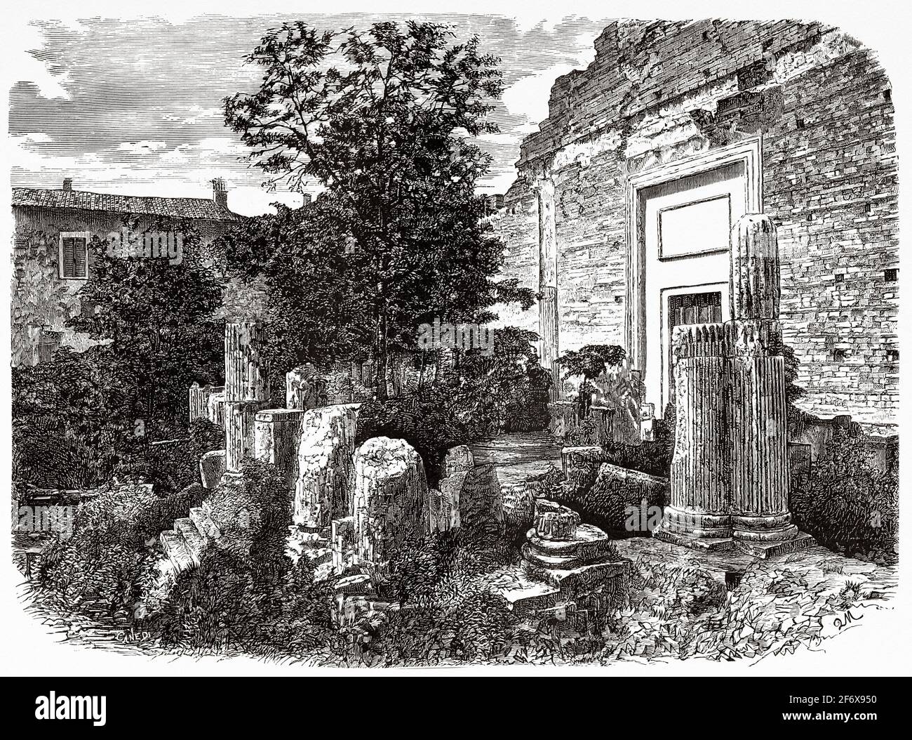 Ruines du temple de Vespasien à Brescia, Lombardie, Italie. Europe. Ancienne illustration gravée du XIXe siècle d'El Mundo Ilustrado 1879 Banque D'Images