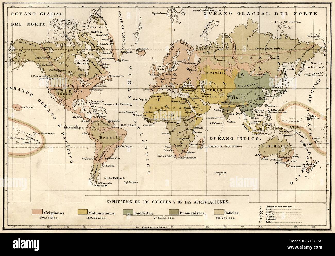 Carte de l'ancien monde du XIXe siècle avec indication des différentes ...