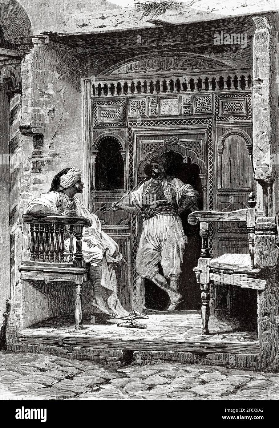 Salon de coiffure tunisien, Tunis. Nord de l'Afrique. Ancienne illustration gravée du XIXe siècle d'El Mundo Ilustrado 1879 Banque D'Images