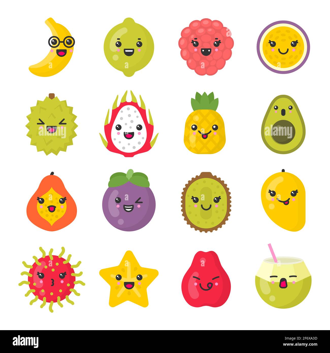 Mignon sourire fruits exotiques, isolé coloré vecteur icône ensemble Illustration de Vecteur