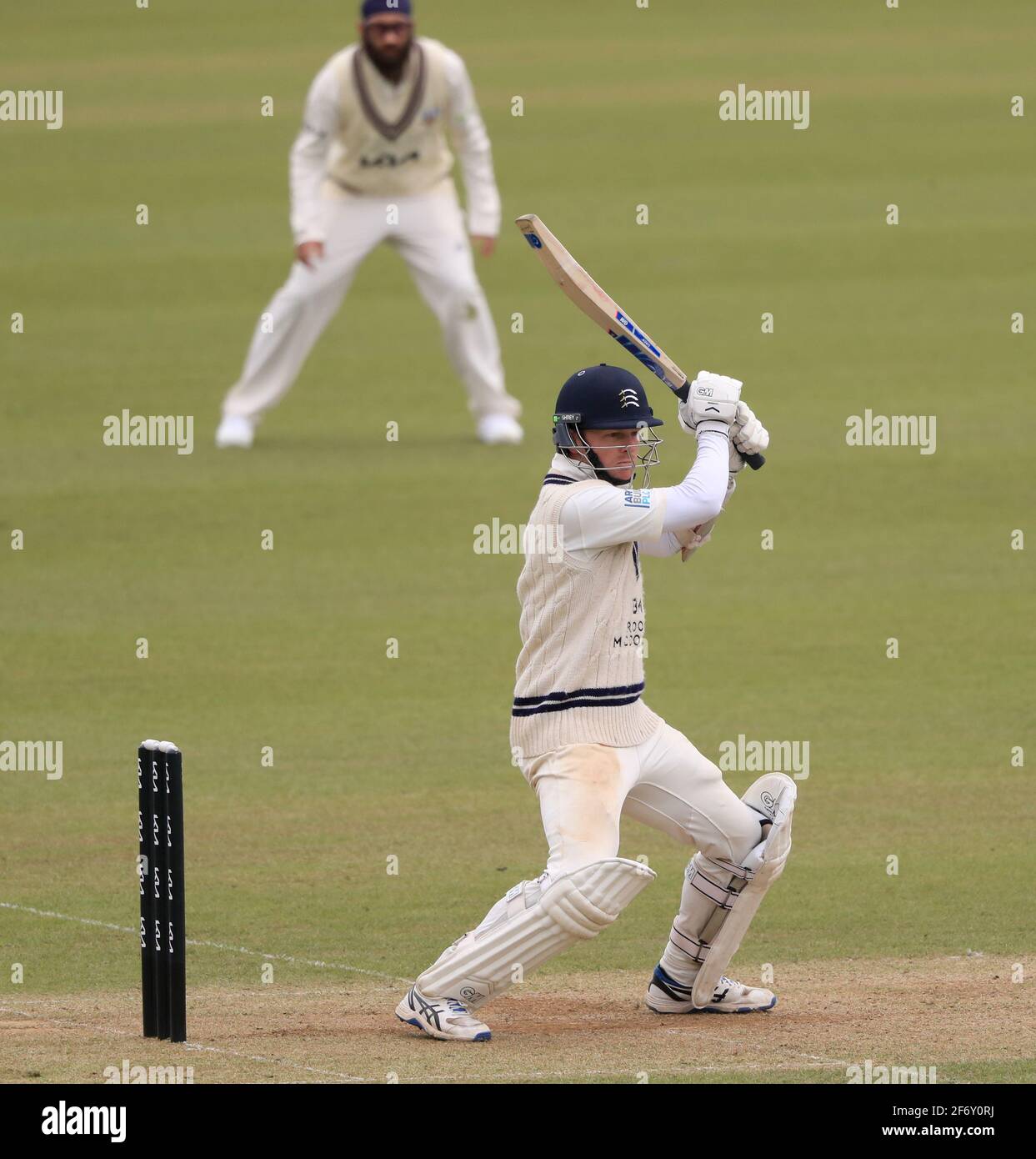 Sam Robson de Middlesex pendant la deuxième journée du match d'avant-saison à l'Oval, Londres. Date de la photo: Samedi 3 avril 2021. Banque D'Images