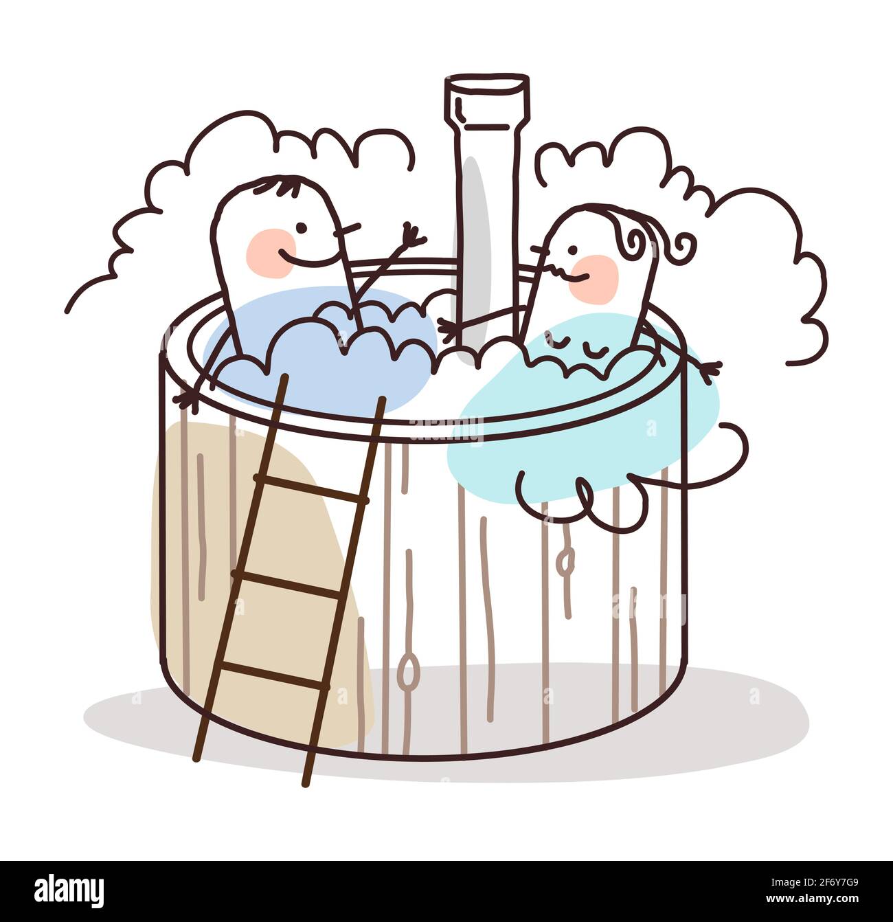 Un couple de dessin animé à la main se détendant dans un jacuzzi extérieur Illustration de Vecteur