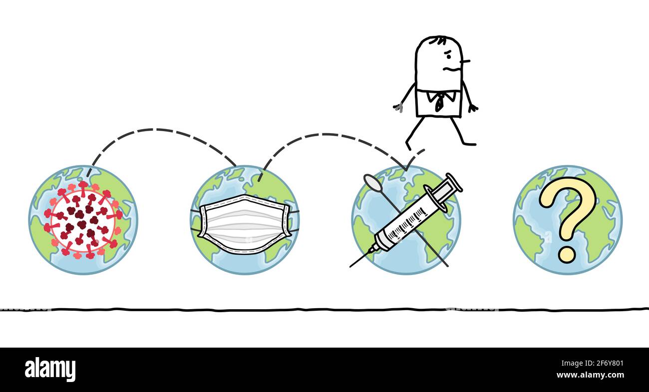 Dessin manuel de l'homme de dessin de la Terre contaminée par le virus, à la prochaine étape Illustration de Vecteur