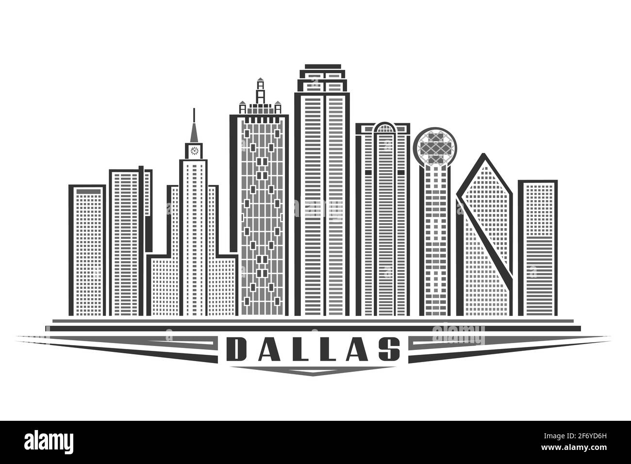 Illustration vectorielle de Dallas, affiche horizontale monochrome avec dessin-plan du paysage de la ville de dallas, concept d'art urbain avec son unique décoratif Illustration de Vecteur