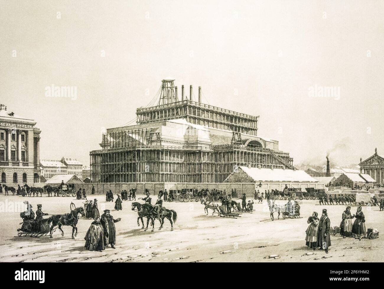 ST. PETERSBOURG, RUSSIE - 30 MAI 2017 : dessin du XVIIIe siècle représentant la construction de la cathédrale Saint-Isaac, décorant l'intérieur de la basilique Saint-ISA Banque D'Images