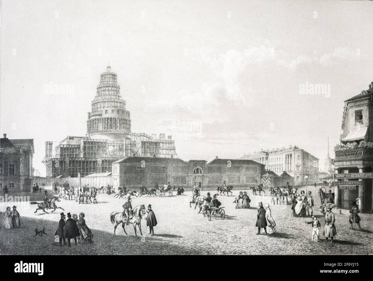 ST. PETERSBOURG, RUSSIE - 30 MAI 2017 : dessin du XVIIIe siècle représentant la construction de la cathédrale Saint-Isaac, décorant l'intérieur de la basilique Saint-ISA Banque D'Images