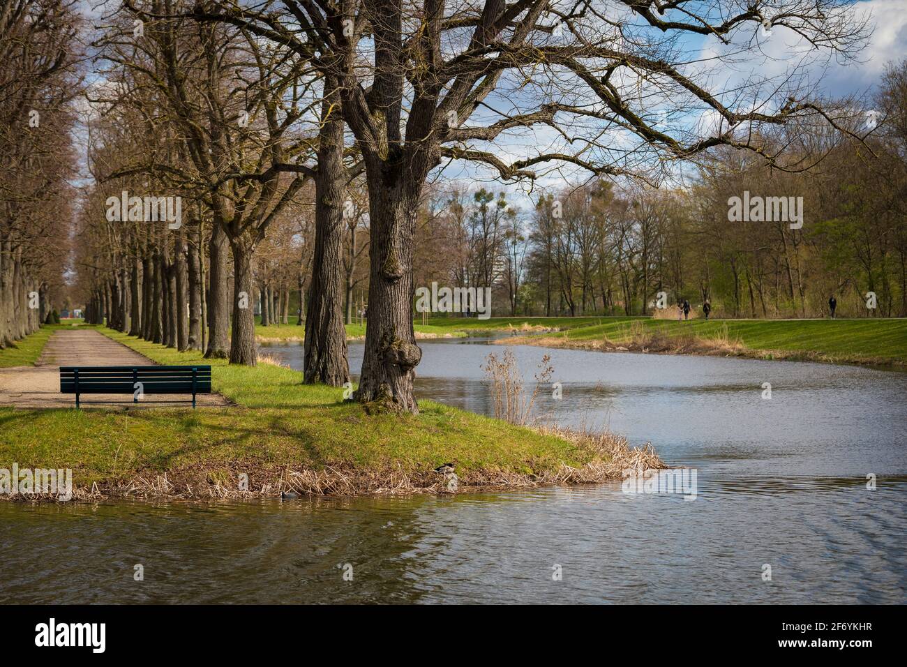 Hanovre, Allemagne. 03ème avril 2021. Un banc se tient au greffon des jardins de Herrenhäuser par temps printanier. Credit: Moritz Frankenberg/dpa/Alay Live News Banque D'Images